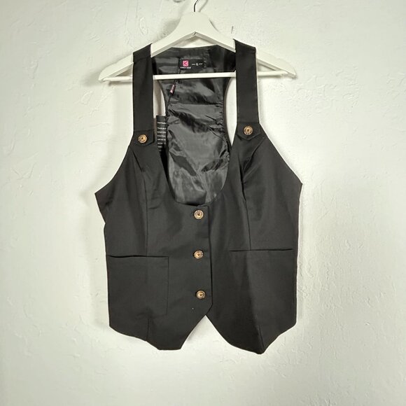 KANCY KOLE Womens Button Front Racerback Waistcoat Vest XL Black Pockets New - Picture 1 of 7